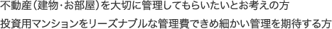 財産（建物・お部屋）を大切に管理してもらいたいとお考えの方 投資用マンションをリーズナブルな管理費できめ細かい管理を期待する方